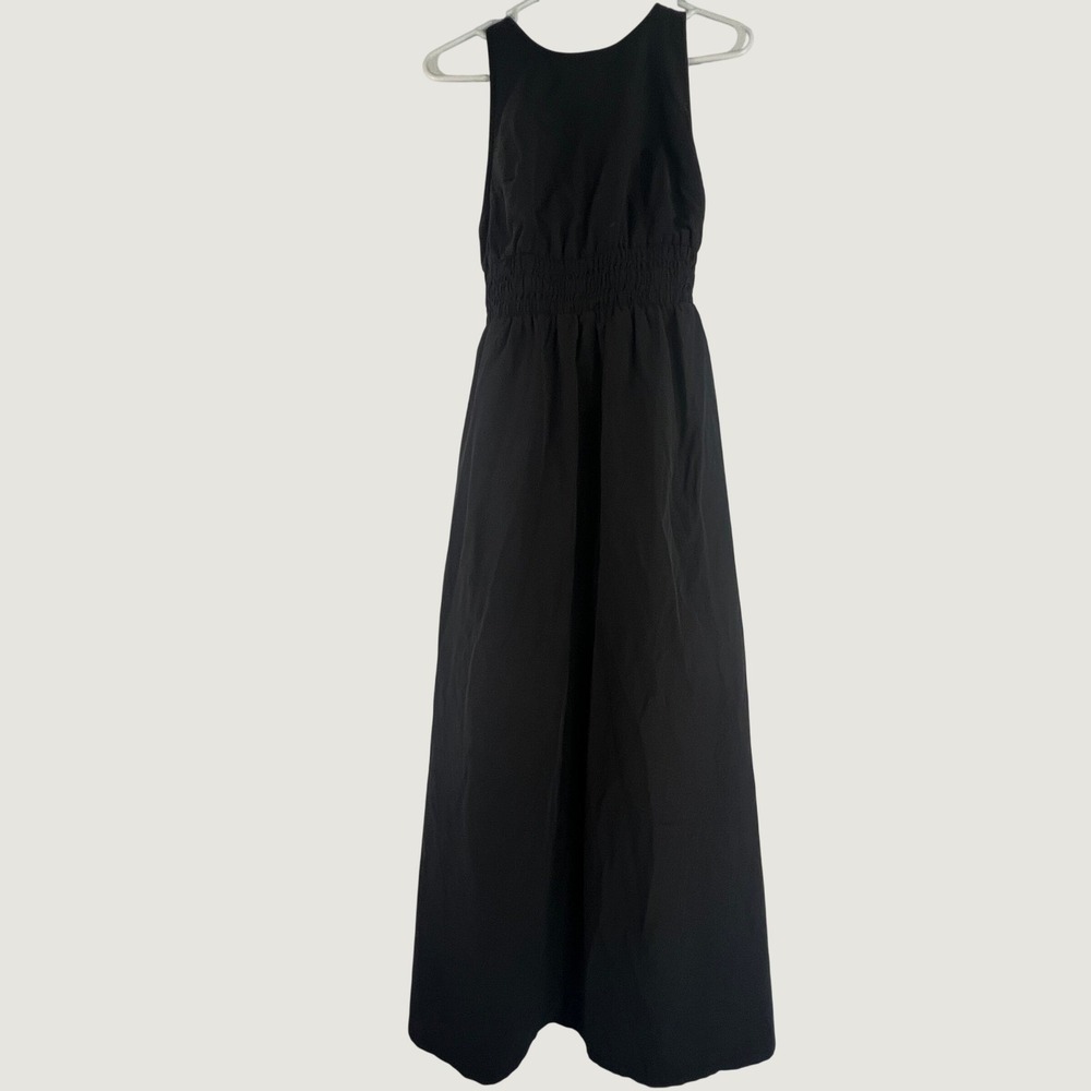 Black‎ Sleeveless Cross Back Smocked Waist Midi Sundress Cotton Blend Sz S